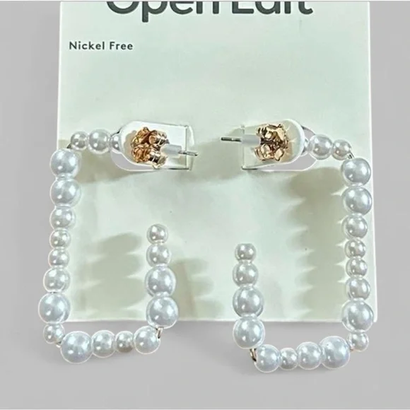 Open Edit-Faux Pearl Rectangle Earrings-white/Gold-NWT - Picture 3 of 6